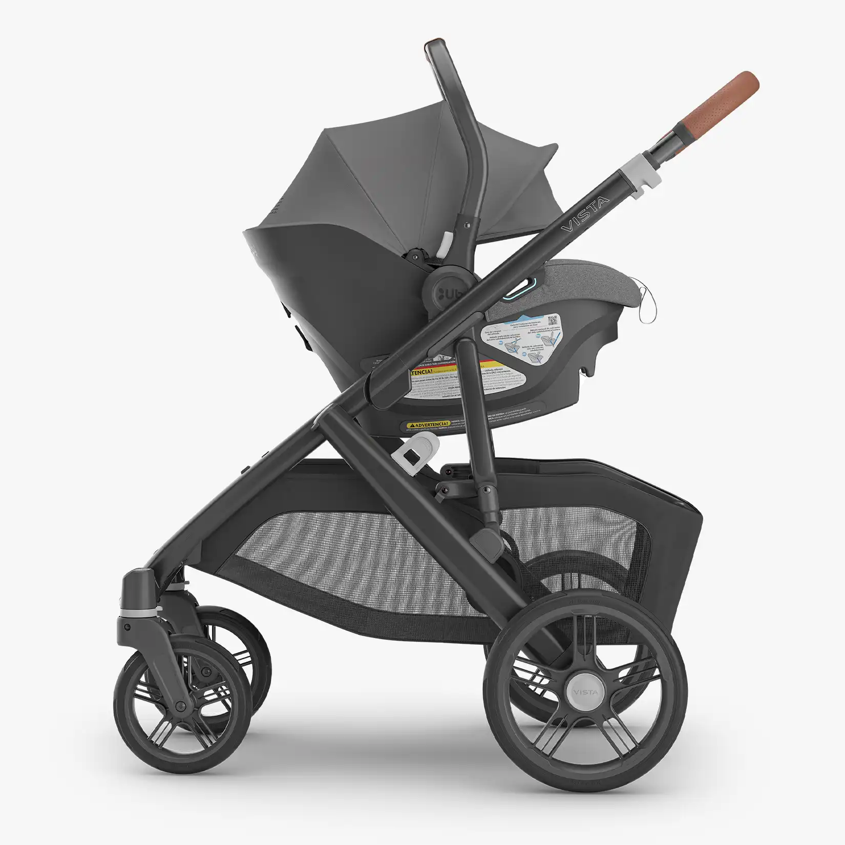 Aria Infant Car Seat attached to Vista V3 Stroller in Greyson